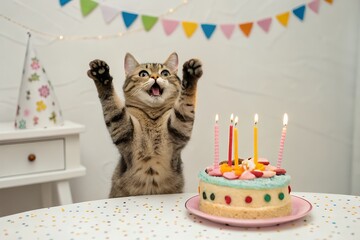 Excited cat celebrating birthday with cake and candles