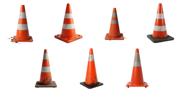 Set of eight dirty traffic cones with visible wear and tear and faded stripes, isolated on a transparent background, designed for various editorial and commercial uses.