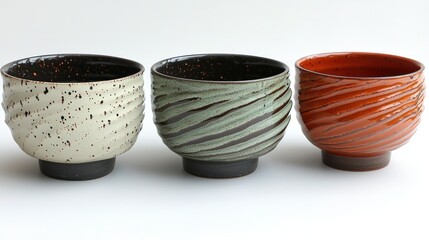 Three handcrafted ceramic bowls with unique glaze patterns.