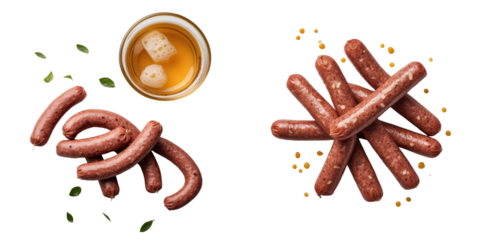Kabanos thin dry sausage snacks arranged on a transparent background with a glass of beer and ice cubes, showcasing party food options and beer pairing