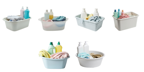 Variety of plastic basins filled with dirty laundry and laundry detergent bottles isolated on transparent background for cleaning and home care concepts