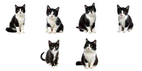 Various poses of a cute transparent and white cat isolated on a transparent background showcasing playful and attentive expressions with distinct markings and fur patterns.