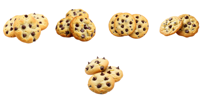 chocolate chip cookies arranged on transparent background with varying angles showcasing texture and details isolated and ready for use in designs