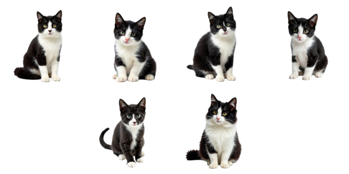 Various poses of a cute transparent and white cat isolated on a transparent background showcasing playful and attentive expressions with distinct markings and fur patterns.