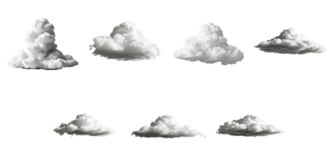 Assorted collection of eight distinct clouds in various shapes and sizes, displayed on a transparent background with transparent elements for versatile use in design projects.