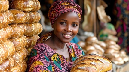 Woman selling bread at a market stall.
