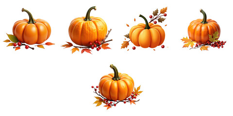 Autumnal composition featuring multiple pumpkins with vibrant orange color, branches, red berries, and colorful leaves isolated on transparent background. Ideal for seasonal decorations.
