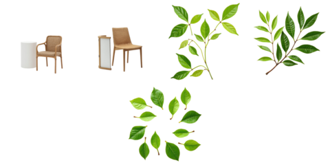 Collection of modern furniture elements including a chair and side table alongside various green leaves on transparent background for versatile design applications.