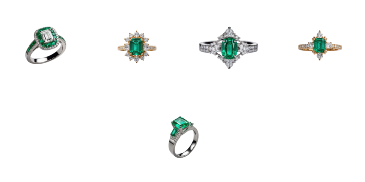 Collection of elegant luxury rings featuring emerald stones set in various styles showcased on a transparent background for clarity and detail.