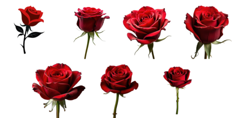 variety of red roses on transparent background in different angles and stages of blooming isolated on transparent background
