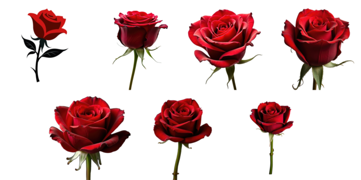 variety of red roses on transparent background in different angles and stages of blooming isolated on transparent background