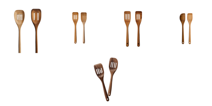 Set of six wooden spatulas with various designs and sizes displayed on a transparent background, fully isolated with ample space for text or graphics.
