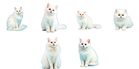 Fluffy white cat in various sitting poses on a transparent background exhibiting detailed fur texture and unique facial expressions multiple angles of the same cat breed isolated