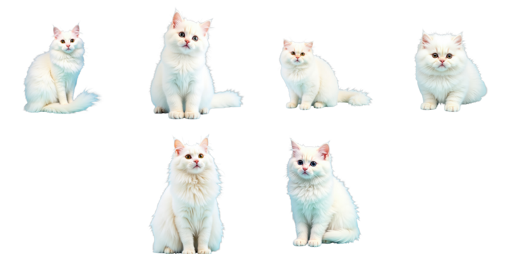 Fluffy white cat in various sitting poses on a transparent background exhibiting detailed fur texture and unique facial expressions multiple angles of the same cat breed isolated