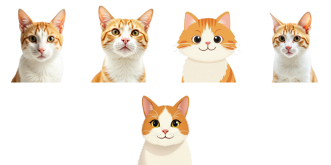 Close up of orange tabby cat face with distinct features alongside illustrated representations of similar orange cats on transparent background
