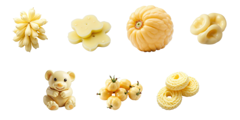 Artfully crafted mozzarella cheese shapes including floral, fruit, and bear designs on a transparent background, isolated for clear visibility.