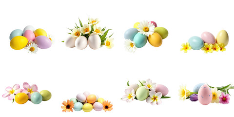 Colorful Easter eggs arranged with various spring flowers isolated on a transparent background featuring multiple compositions and arrangements for seasonal decoration.