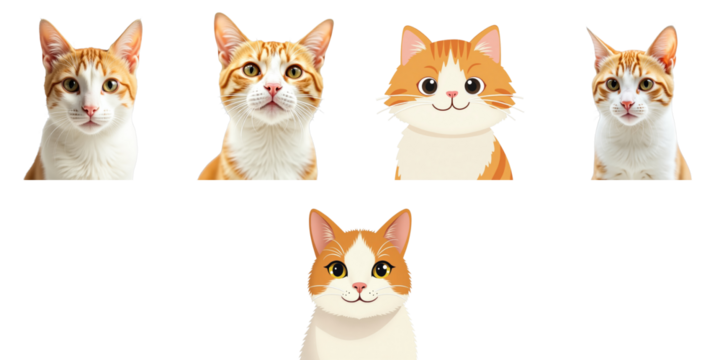 Close up of orange tabby cat face with distinct features alongside illustrated representations of similar orange cats on transparent background
