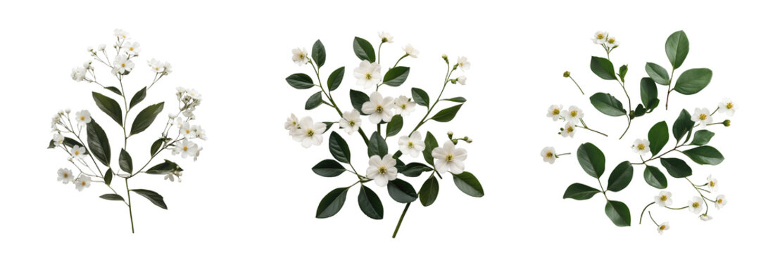 Transparent floral arrangement featuring small white flowers accompanied by green leaves, isolated on a dark background for versatile use in design contexts.