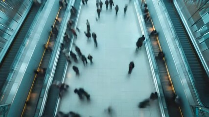 Motion blur of bustling crowds and escalators in modern urban environment shot from above - Powered by Adobe