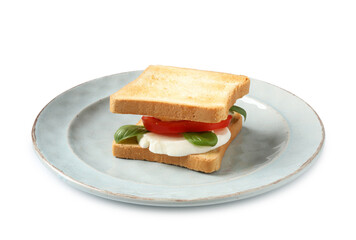 Tasty sandwich with mozzarella cheese, tomato and basil on white background