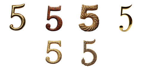 Jewelry collection featuring ornate Thai traditional number five in various designs and finishes isolated on transparent background