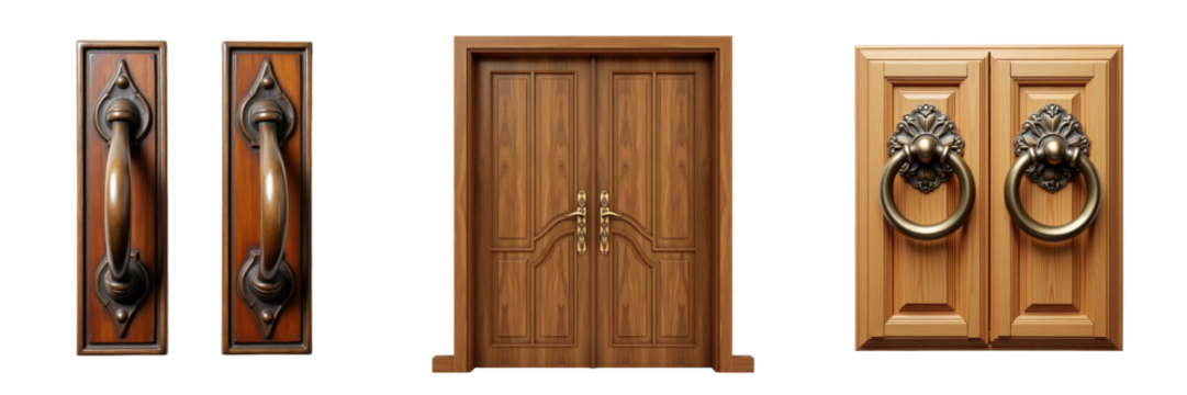 Antique handles and wooden doors collection featuring two ornate handles, a double door, and a decorative knocker, all displayed on a transparent background.