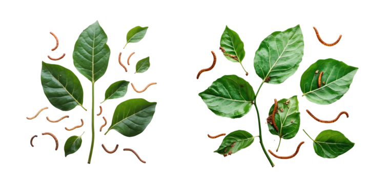 Insect larvae feeding on green leaves isolated on a transparent background highlighting the damage caused to foliage by pests in a detailed composition