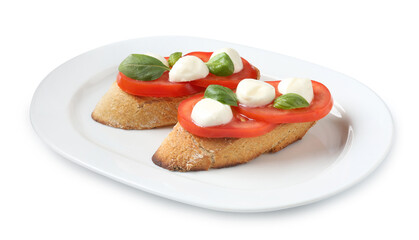 Tasty sandwiches with mozzarella cheese, tomatoes and basil on white background