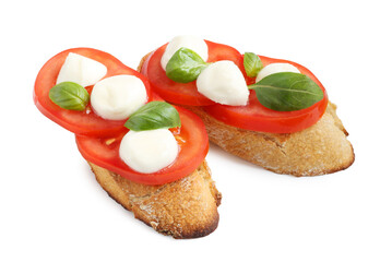 Tasty sandwiches with mozzarella cheese, tomatoes and basil on white background