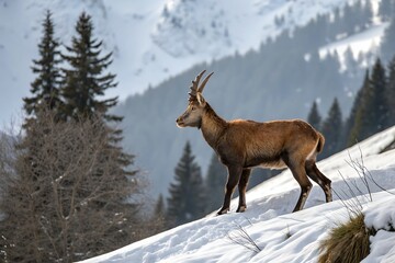 Fototapeta premium Majestic Alpine Ibex stands on snowy mountain peak amidst winter pines