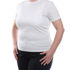 Weight loss. Plus size woman on white background, closeup