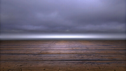 Old wooden floors meet a stormy sea under a dark cloudy sky