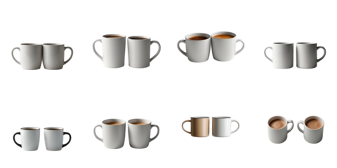 pair of white coffee mugs with and without liquid on transparent background arranged in multiple orientations isolated for use