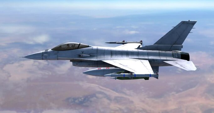 Military Fighter Jet Soaring High Above Desert Terrain. War And Air Force Related 4K 3D Animation.