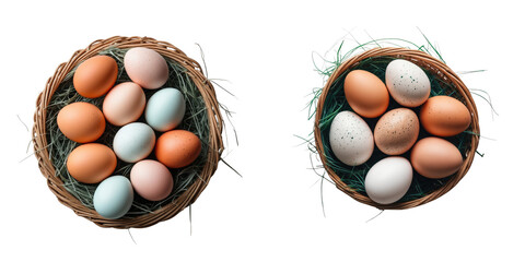 assorted colored eggs in woven baskets with straw for Easter celebration top view on transparent background isolated decorative arrangement