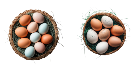 assorted colored eggs in woven baskets with straw for Easter celebration top view on transparent background isolated decorative arrangement