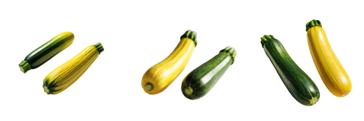 Yellow and green zucchini vegetables arranged over a transparent background showcasing their unique shapes and colors in a fresh and isolated presentation