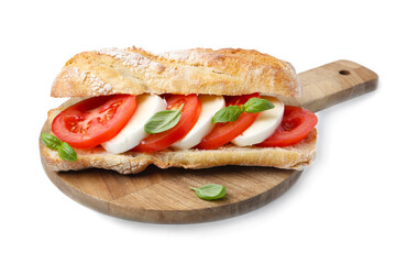 Tasty sandwich with mozzarella cheese, tomatoes and basil isolated on white