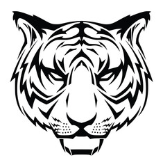 Roaring Tiger in Monochrome: A bold and striking monochrome illustration of a fierce tiger's face, showcasing intricate tribal patterns and powerful features.