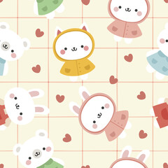 Animals Cute Seamless Pattern, adorable design for kids, vector illustration