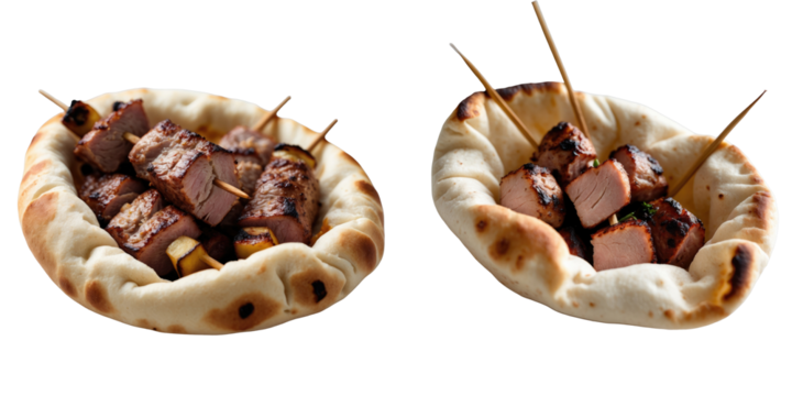 Grilled pork kebabs served in soft pita bread bowls arranged on a transparent background showcasing the tender meat and grilled vegetables on skewers.