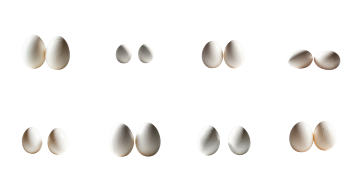 Collection of six pairs of eggs displayed on a transparent background each pair showing a variety of sizes and shapes arranged in a grid format for clear visibility and comparison