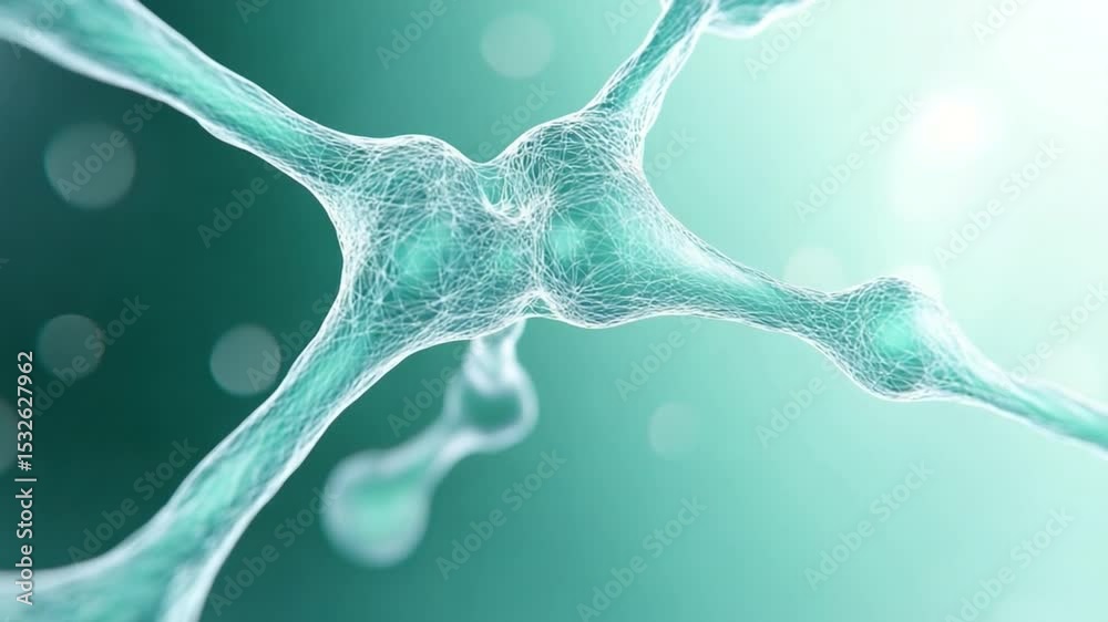 Poster Microscopic Neuron Illustration: An artistic representation of a microscopic neuron, its delicate structure vividly rendered in a teal and turquoise palette against a gentle gradient background.