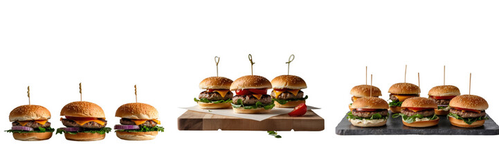 Mini burgers arranged in three groups on wooden and stone surfaces with toppings visible, isolated on a transparent background ideal for culinary presentations and advertisements.