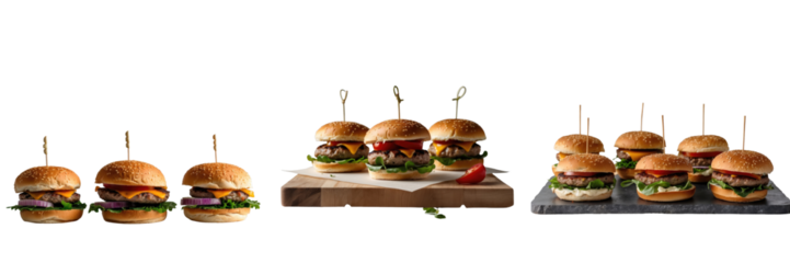 Mini burgers arranged in three groups on wooden and stone surfaces with toppings visible, isolated on a transparent background ideal for culinary presentations and advertisements.