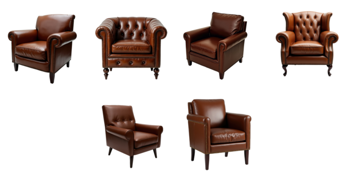 collection of luxury brown leather armchairs with various designs displayed on transparent background for product showcase and interior decor options