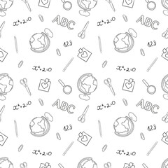 Back to school seamless pattern with black line icons: globe, letters, pencils, and symbols. Great for textile, wallpapers, educational web and packaging designs. Vector illustration