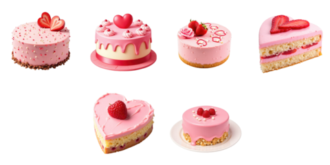 Collection of assorted pink cakes with decorative toppings for celebrations including hearts and strawberries, displayed isolated on a transparent background for culinary use