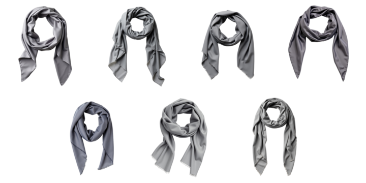 Collection of grey silk scarves arranged in various styles on a transparent background. Each scarf is displayed completely isolated, highlighting its texture and design.